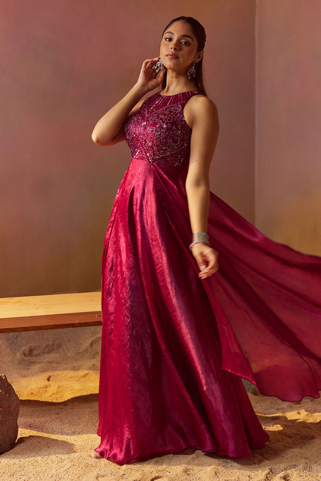 Burgundy Indowestern Gown With Hand Embroidery