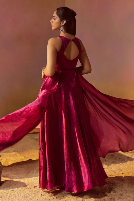 Burgundy Indowestern Gown With Hand Embroidery