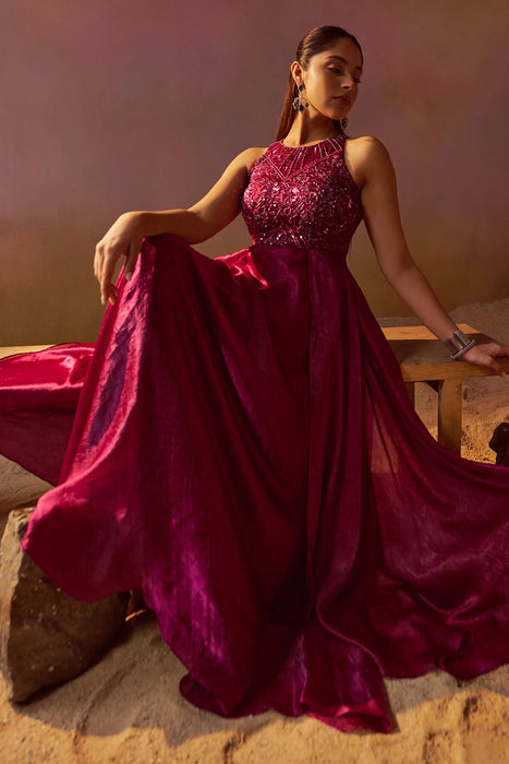 Burgundy Indowestern Gown With Hand Embroidery