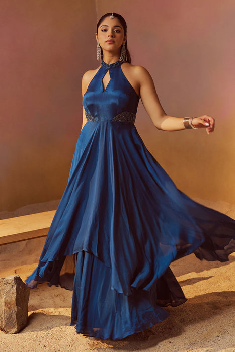 Blue Indowestern Gown With Hand Embroidery