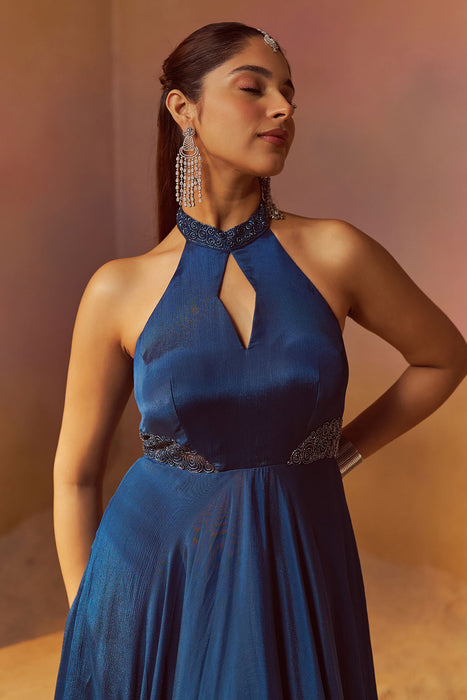 Blue Indowestern Gown With Hand Embroidery