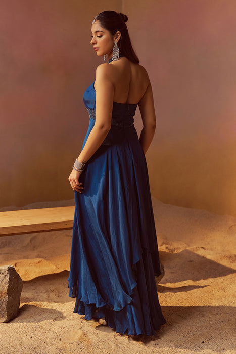 Blue Indowestern Gown With Hand Embroidery