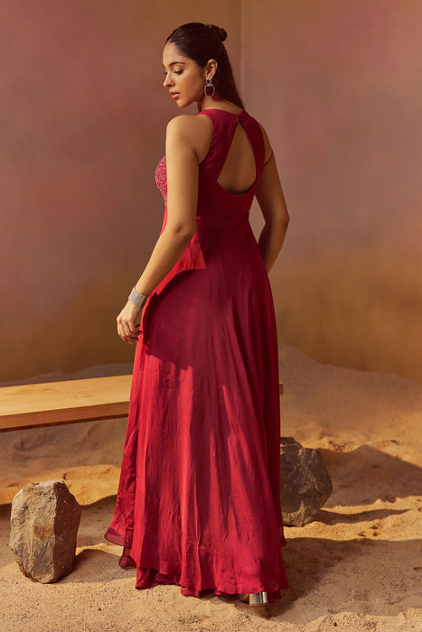 Dusty Red Indowestern With Hand Embroidery