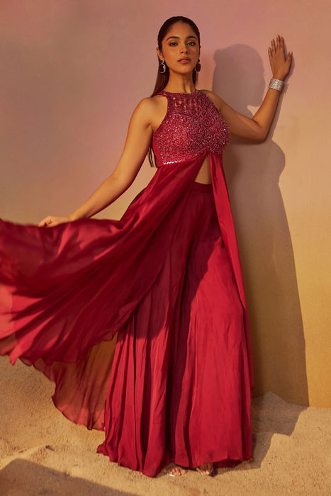 Dusty Red Indowestern With Hand Embroidery