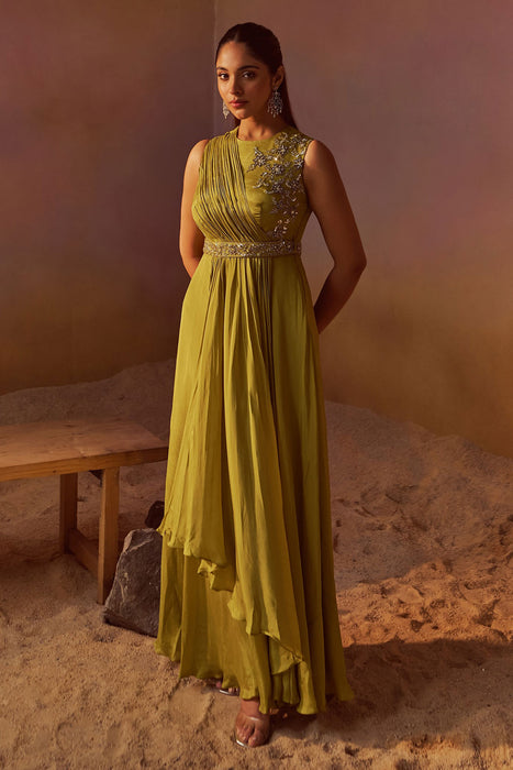 Yellowish Green Indowestern Gown With Hand Embroidery