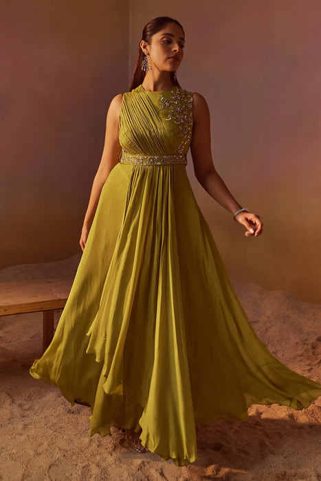 Yellowish Green Indowestern Gown With Hand Embroidery