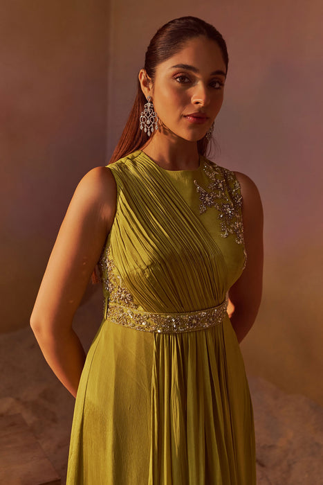 Yellowish Green Indowestern Gown With Hand Embroidery