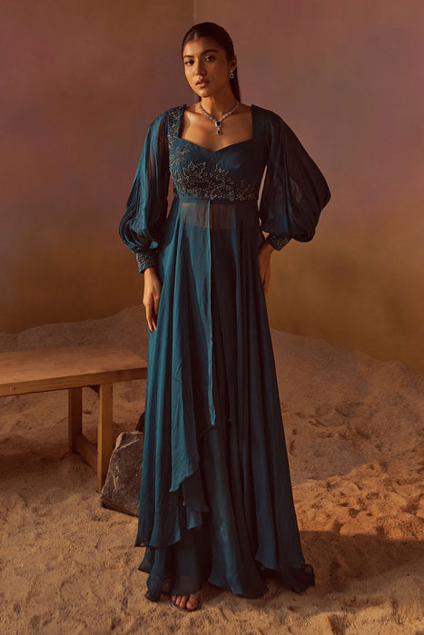 Dark Turquoise Balloon Sleeves Indowestern With Hand Embroidery