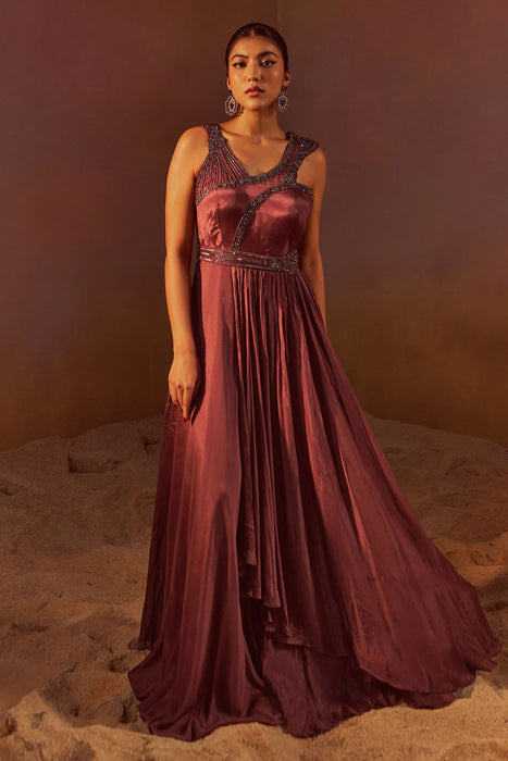 Dark Mauve Indowestern Gown With Hand Embroidery And Belt