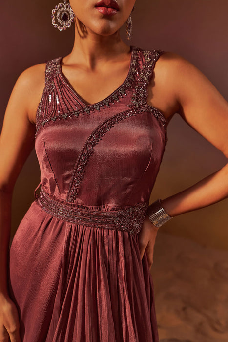 Dark Mauve Indowestern Gown With Hand Embroidery And Belt