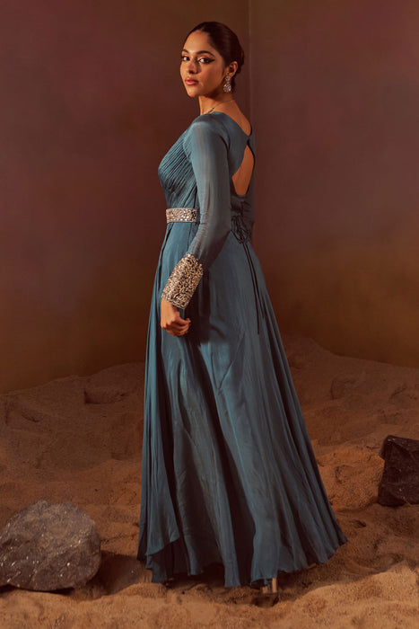 Greyish Blue Full Sleeves Indowestern Gown With Mirror Work