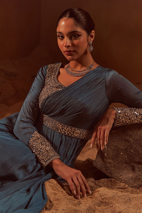 Greyish Blue Full Sleeves Indowestern Gown With Mirror Work