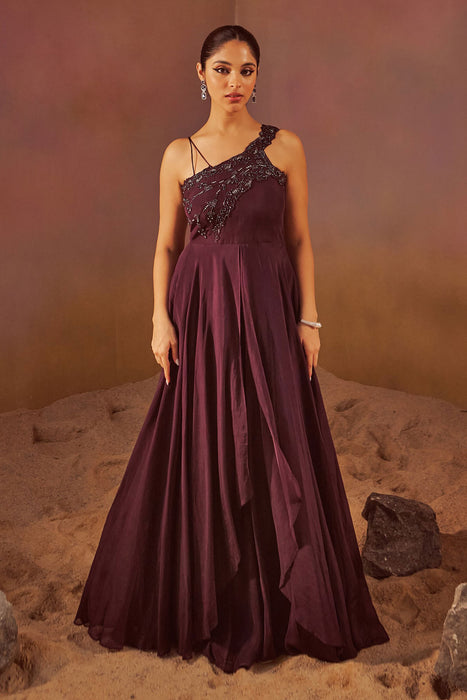 Wine Indowestern Gown With Hand Embroidery