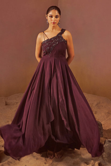 Wine Indowestern Gown With Hand Embroidery