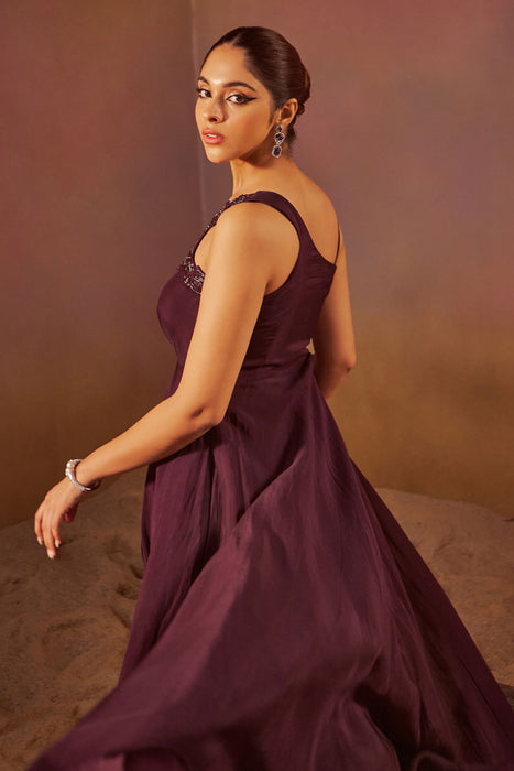 Wine Indowestern Gown With Hand Embroidery