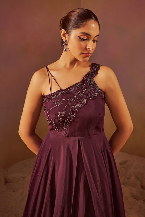 Wine Indowestern Gown With Hand Embroidery