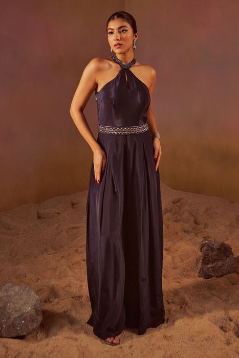 Navy Blue Halter Neck Jumpsuit With Hand Embroidery