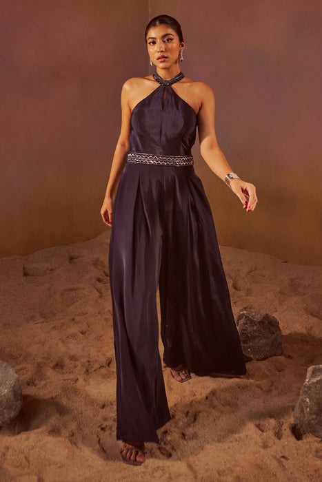 Navy Blue Halter Neck Jumpsuit With Hand Embroidery