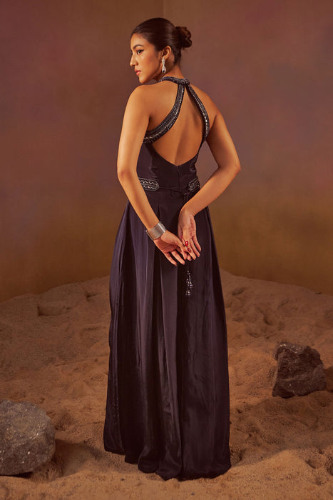 Navy Blue Halter Neck Jumpsuit With Hand Embroidery