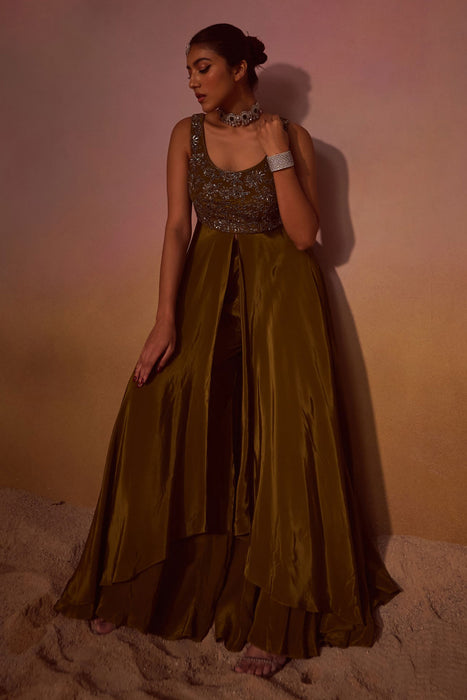 Olive Green Indowestern With Hand Embroidery