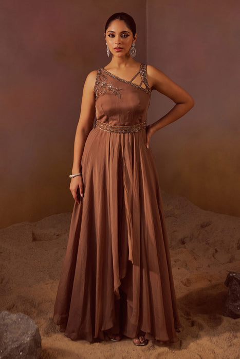 Light Brown Indowestern With Hand Embroidery And Belt