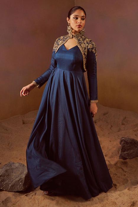 Deep Sea Blue Gown With Seperate Full Sleeves Jacket