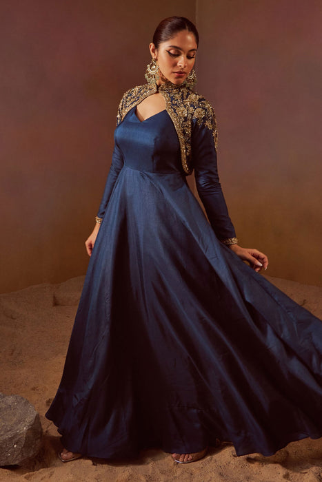 Deep Sea Blue Gown With Seperate Full Sleeves Jacket