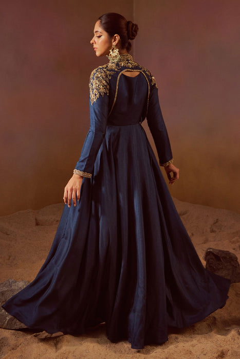 Deep Sea Blue Gown With Seperate Full Sleeves Jacket