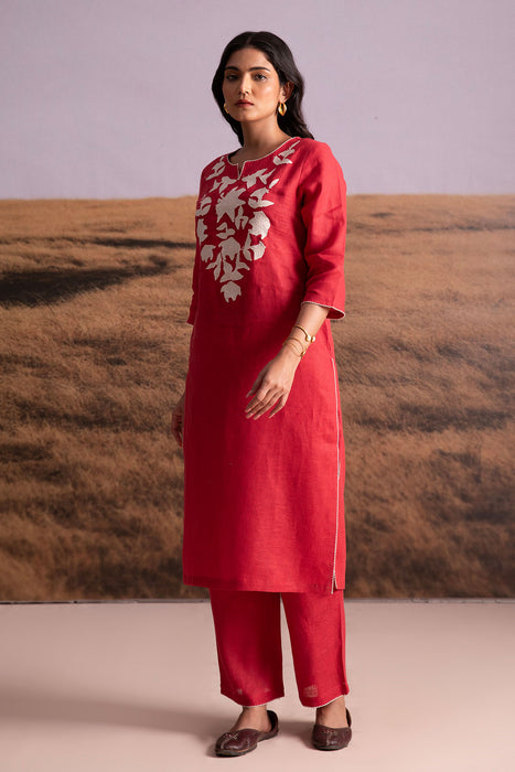 Pure Hemp Applique Red Kurta Set