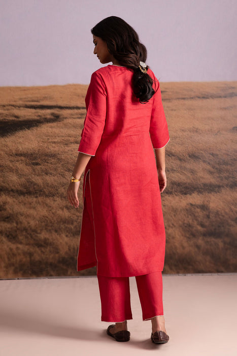 Pure Hemp Applique Red Kurta Set