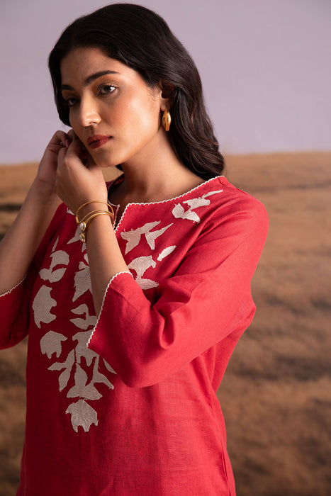 Pure Hemp Applique Red Kurta Set