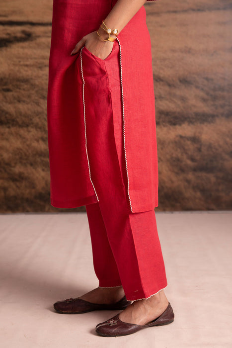 Pure Hemp Applique Red Kurta Set