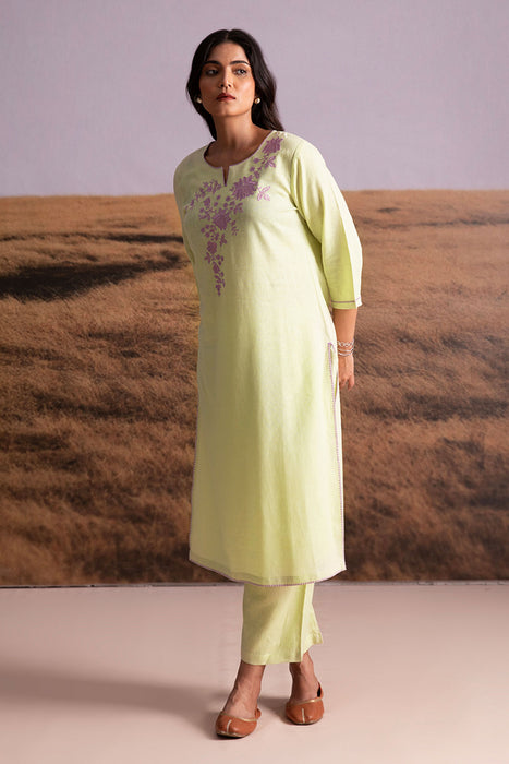 Matcha Green Embroidered Linen Kurta Set