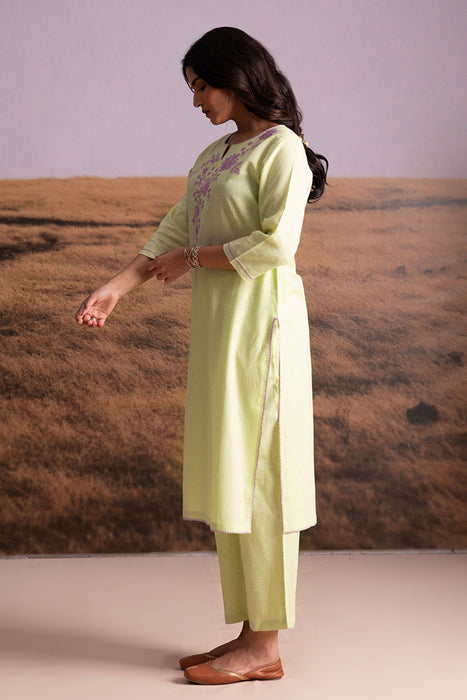 Matcha Green Embroidered Linen Kurta Set