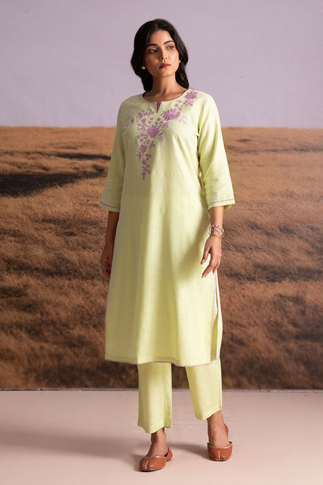 Matcha Green Embroidered Linen Kurta Set