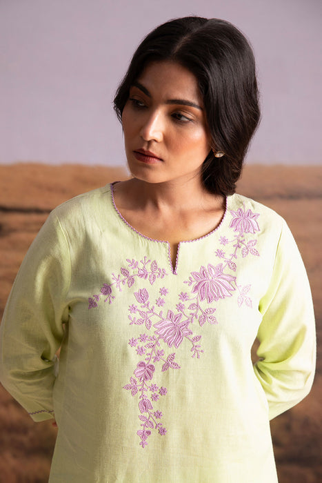 Matcha Green Embroidered Linen Kurta Set