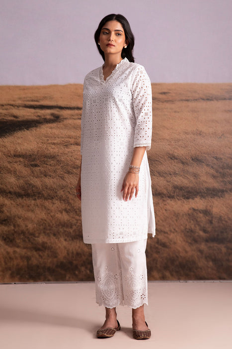 Cutwork Cotton Kurta Set-White
