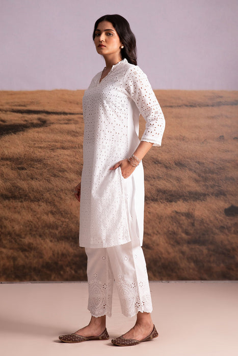 Cutwork Cotton Kurta Set-White