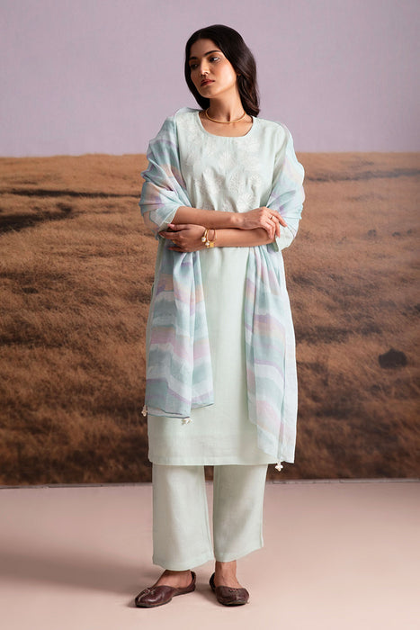 Mint Applique Karamiori Linen Kurta Set (of 3)