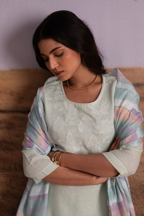Mint Applique Karamiori Linen Kurta Set (of 3)