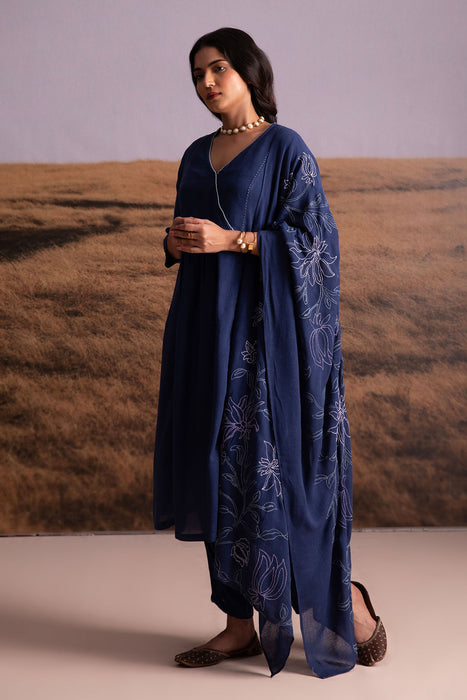 Indigo Linen Kurta Set with Odhani