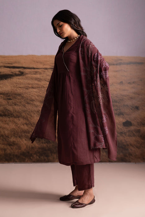Plum Linen Kurta Set with Odhani