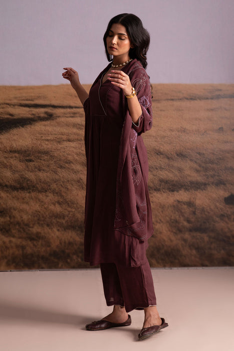 Plum Linen Kurta Set with Odhani