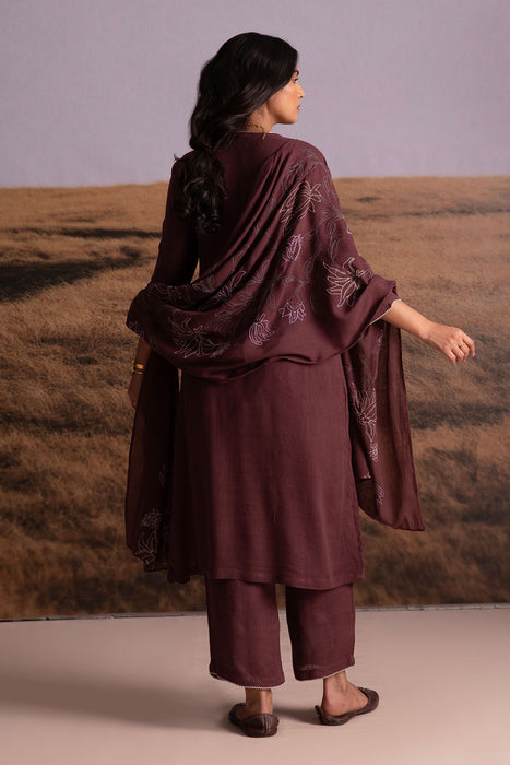 Plum Linen Kurta Set with Odhani