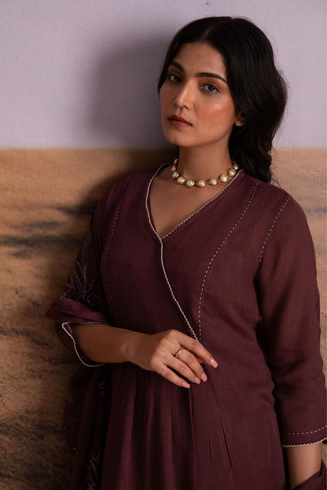 Plum Linen Kurta Set with Odhani