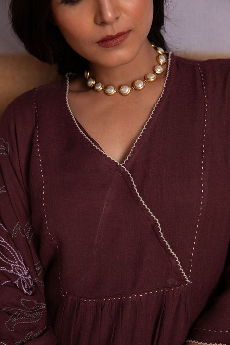 Plum Linen Kurta Set with Odhani