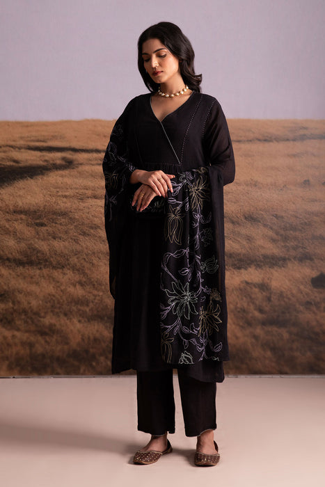 Black Linen Kurta Set with Odhani
