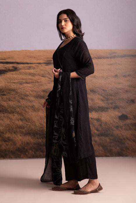 Black Linen Kurta Set with Odhani