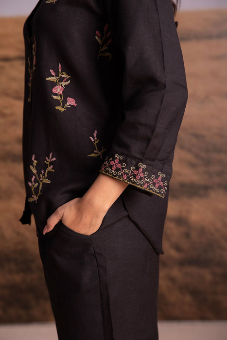 Cross-Stitch Linen Co-ord Set-Black