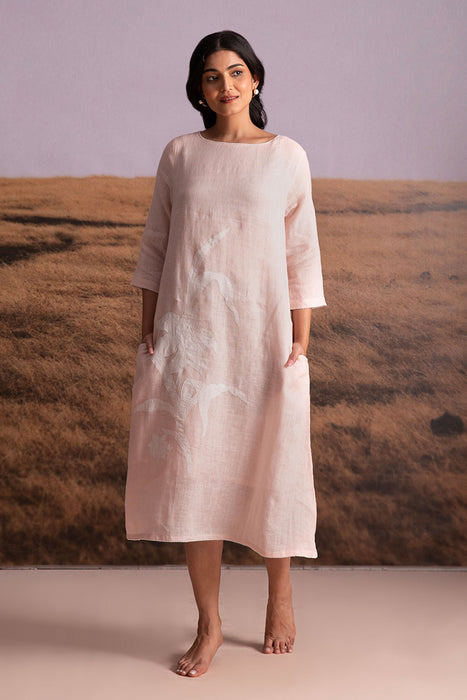 Pure Hemp Applique Dress-Pink